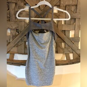 Ultra Soft Manduka Brand Cut Out Yoga Top in Gray and Faux Leather - size medium